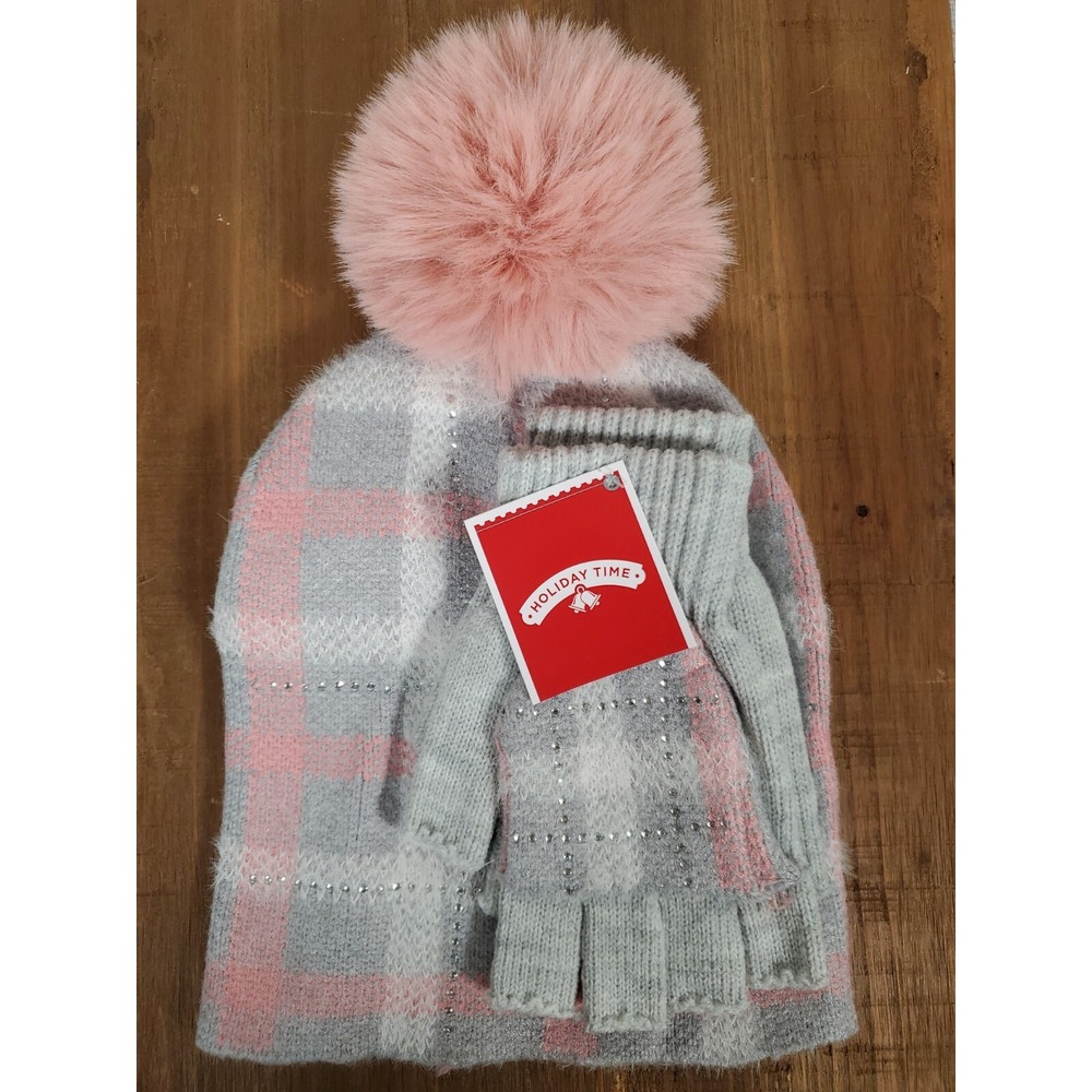 Rhinestones Hat & Gloves Set - Rose & Gray Plaid Open Finger Texting Women's NEW